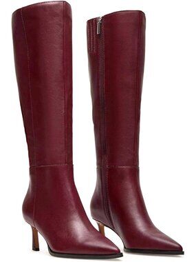 Women's Burgundy Side Zipper Tall Leather Boots Pointed Toe Fall Kitten Heel